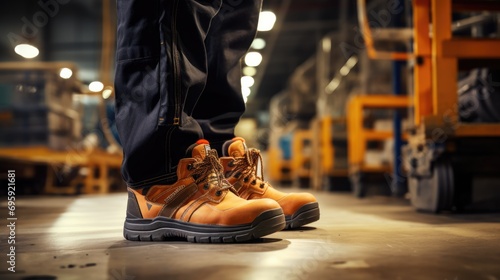 Factory worker wearing safety shoe and working uniform is standing in the factory, ready for working in danger workplace, Safety equipment concept. photo