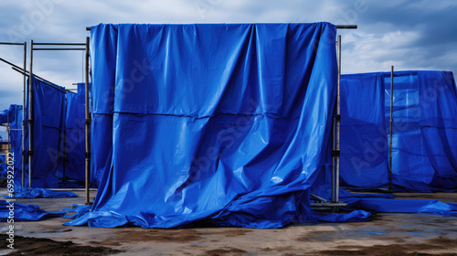 Protective blue tarpaulins for construction sites, water repellent films for repair and exterior construction work, awnings and canopies, nobody. photo