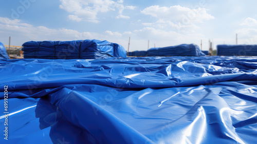 Protective vinyl blue tarpaulins for construction sites, water repellent films for repair and exterior construction work, awnings and canopies.