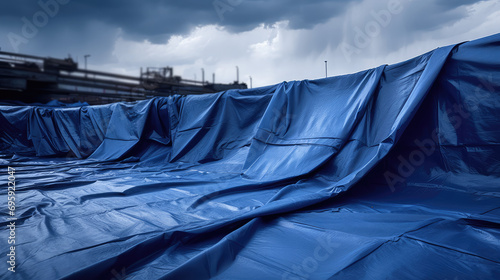 Protective vinyl blue tarpaulins for construction sites, water repellent films for repair and exterior construction work, awnings and canopies.