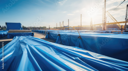 Protective blue tarpaulins for construction sites or boxes, water repellent films for repair and exterior construction work, awnings and canopies.