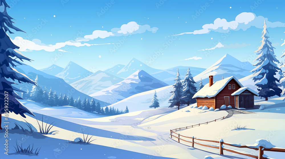 skiing hut winter background, cartoon style
