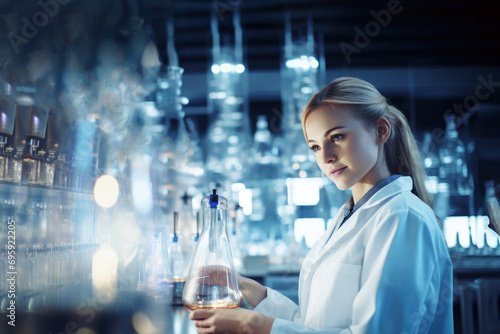 woman in a pharmaceutical laboratory in a white coat. Medicine and science