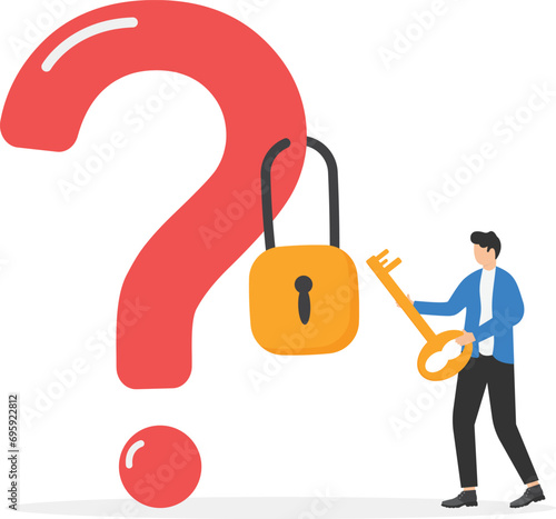 Key to unlock answer for problem and questions, solution or reason to solve problem, wisdom or understanding concept, smart businessman holding golden key to unlock keyhole on question mark sign.


