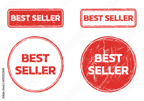 Best seller rubber stamp set. Seal icon with grunge texture. Bestseller label. Business, sale promotion design elements. Vector illustration.