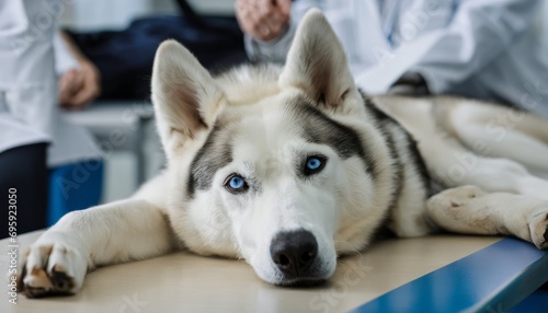 A dog with blue eyes laying on a table photo