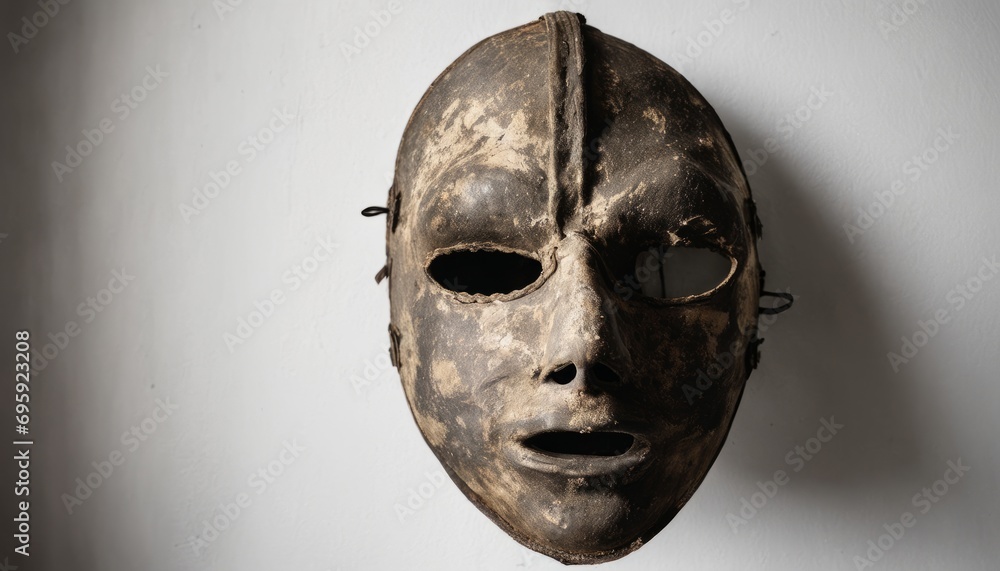 An old, dirty mask with glasses on a white wall An old, dirty mask with glasses on a white wall