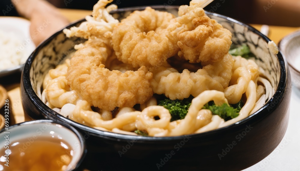 A bowl of fried chicken and pasta A bowl of fried chicken and pasta