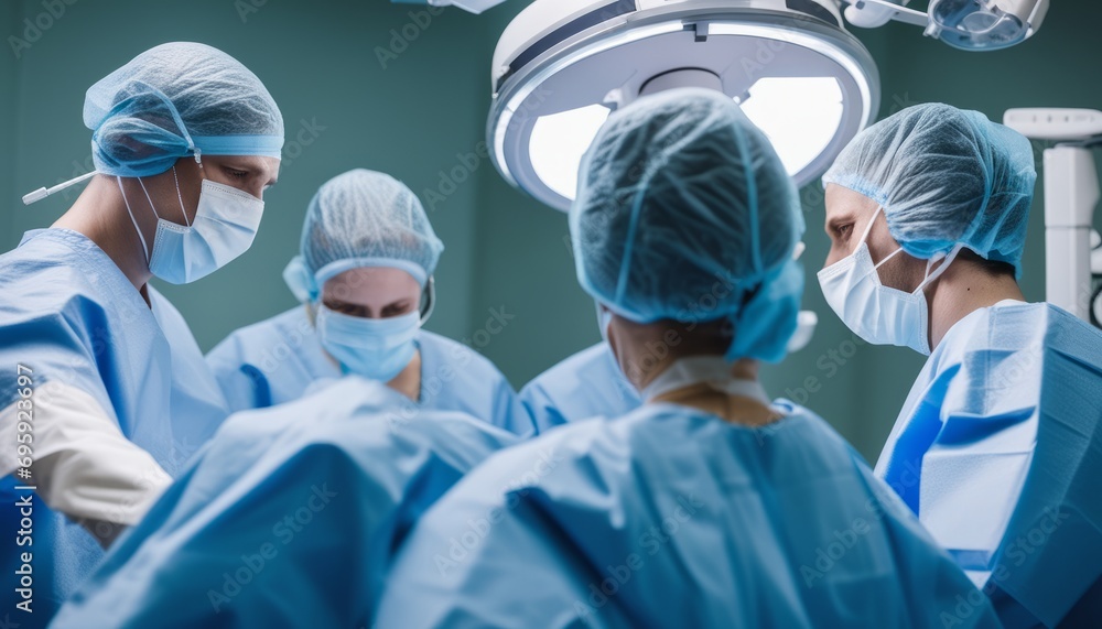 A group of surgeons in a hospital operating room A group of surgeons in a hospital operating room