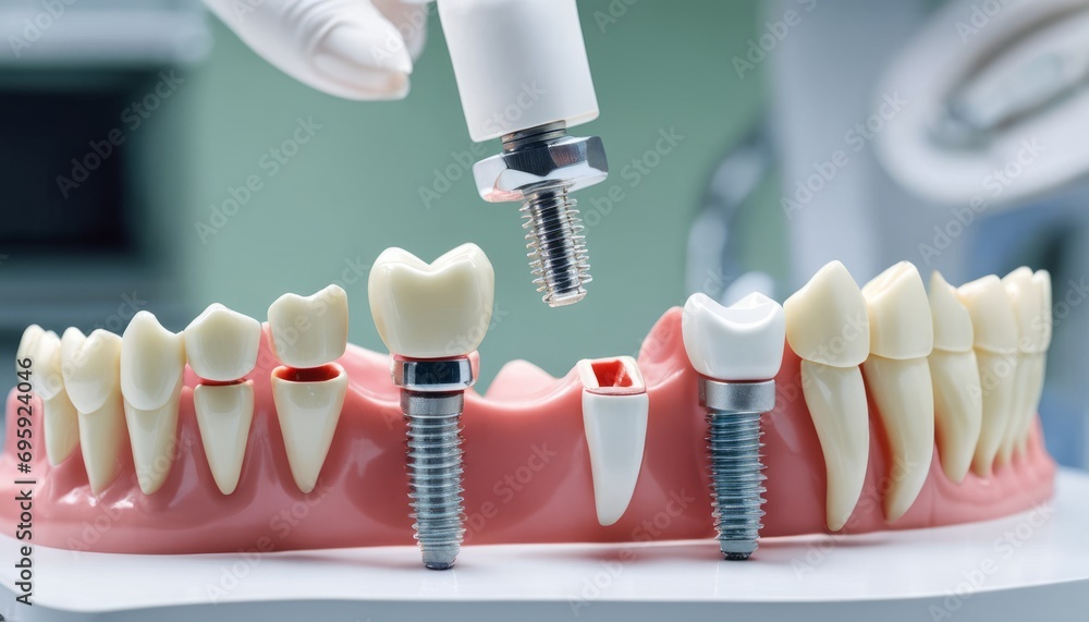 A dentist is drilling into a fake set of teeth A dentist is drilling into a fake set of teeth