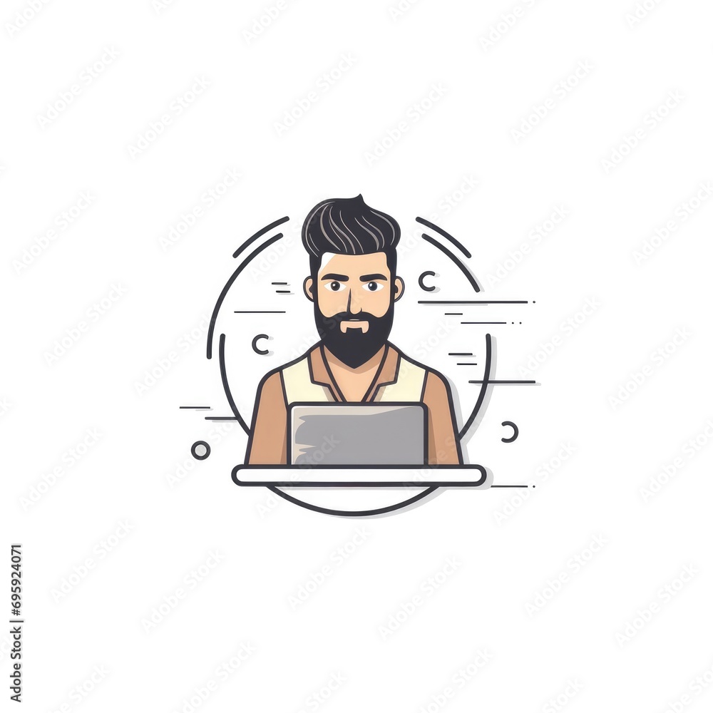 Simple graphic logo of colorful man with laptop on white background. Simple graphic logo of colorful man with laptop on white background.
