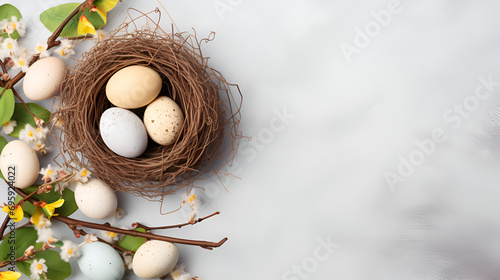 Easter poster and banner template with Easter eggs in the nest on light background.Greetings and presents for Easter Day in flat lay