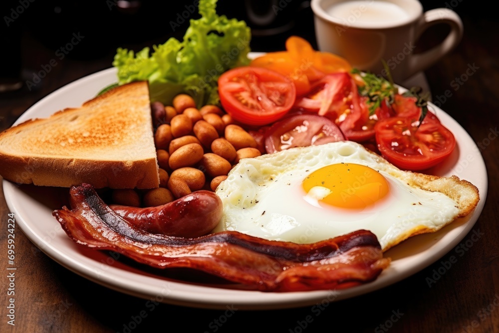 english breakfast with fried eggs bacon sausages beans toasts on dark background. Generative AI