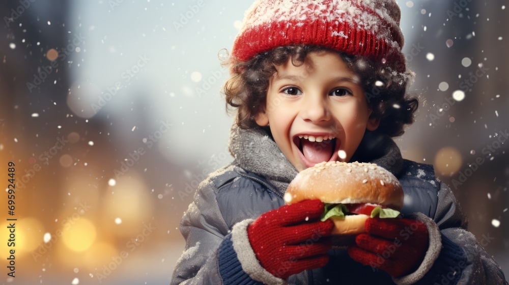 Cute little boy wearing red hat and eating burger outside. Christmas and New Year concept. Copy space. Cute little boy wearing red hat and eating burger outside. Christmas and New Year concept. Copy space.