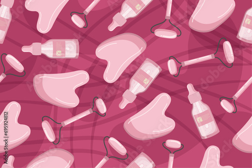 Seamless pattern with illustration of a home care kit: roller, Gouache scraper, serum. Vector illustration.