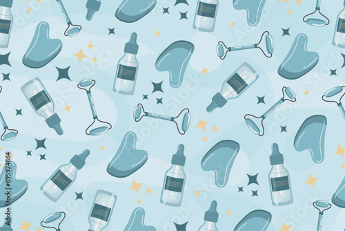 Seamless pattern with illustration of a home care kit: roller, Gouache scraper, serum. Vector illustration.