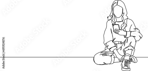 continuous single line drawing of young woman sitting on floor using smartphone, line art vector illustration