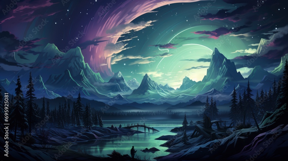 Northern Lights Over Snowy Mountains Aurora, Background Banner HD, Illustrations , Cartoon style