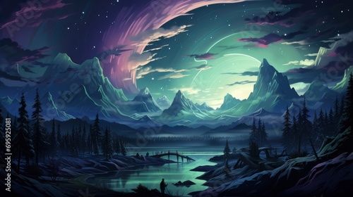 Northern Lights Over Snowy Mountains Aurora, Background Banner HD, Illustrations , Cartoon style © Alex Cuong