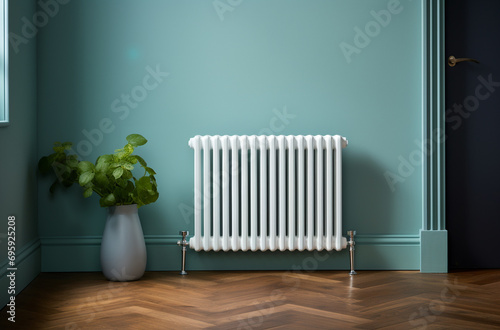 Wallpaper Mural Aluminium radiator next to wood flooring and blue walls Torontodigital.ca