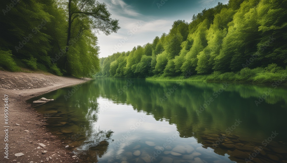 A serene lake surrounded by green trees