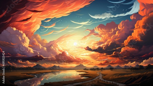 Panorama Photo Clouds Cloudscape Sunset Evening, Background Banner HD, Illustrations , Cartoon style