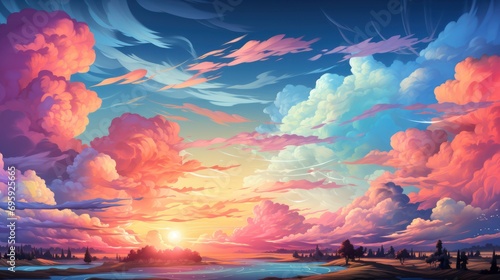 Panorama View Morning Sky Cirrus Cloud, Background Banner HD, Illustrations , Cartoon style photo