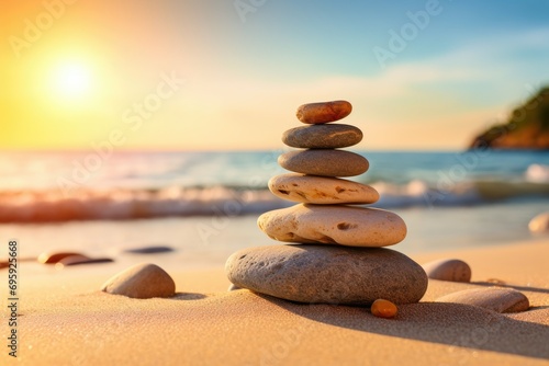 A pile of stones in the sand. The stones are arranged in the shape of a pyramid, copyspace