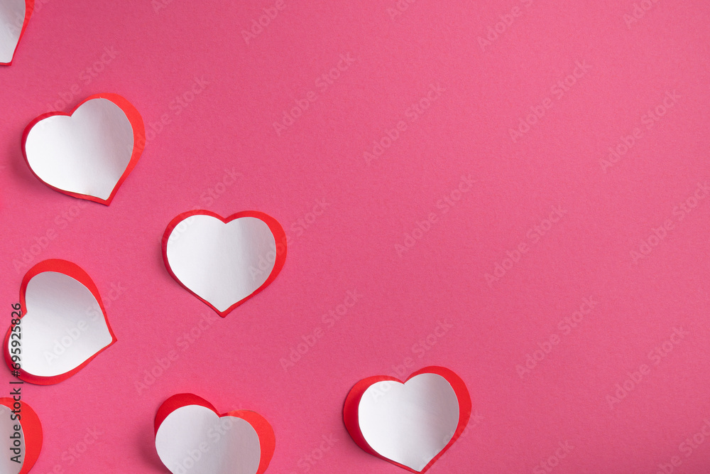 Beautiful hearts on a pink background, symbol of love, happy woman, mother, Valentine's Day, greeting card design