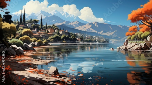 Panoramic View Mount On Shore Against  Background Banner HD  Illustrations   Cartoon style