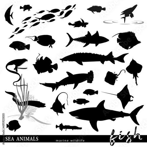 Fish silhouettes with sea wildlife scenes. Vector illustration.