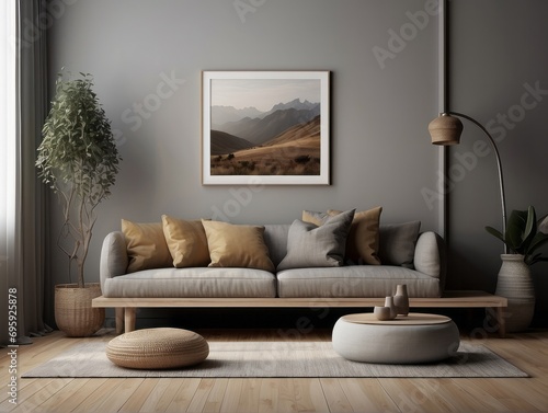 Mock up frame in home interior background, nomadic living room with bench and decor © Dhiandra