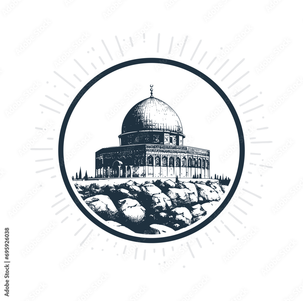 The Dome of Rock, Jerusalem. Black White Hand Drawn Illustration.