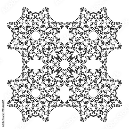 openwork black and white coloring pattern. contoured intertwined lace ornament. embroidery. print. template. tile.