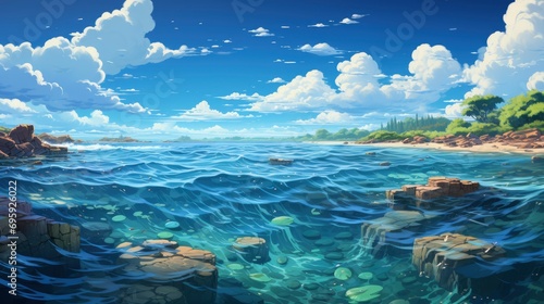 Perfect Sky Water Ocean, Background Banner HD, Illustrations , Cartoon style