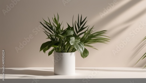 A white vase with a green plant in it