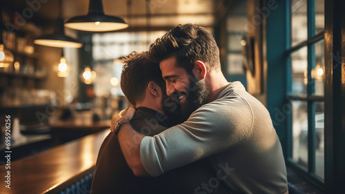 Two young happy handsome men hug each other and smile photo