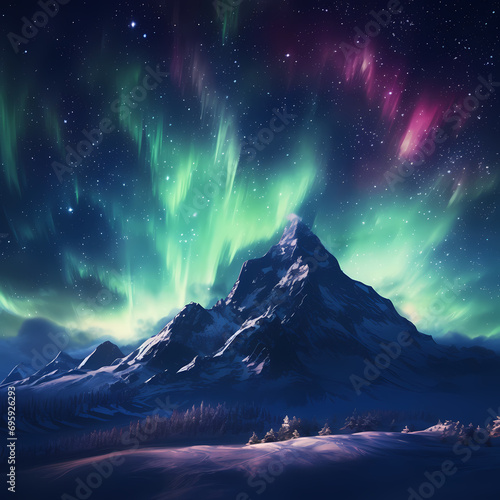 Snow-covered mountain peak under the dancing northern lights © Cao
