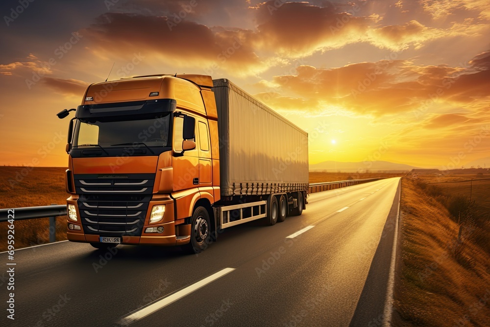 A long-distance heavy-duty truck in motion, at speed on the highway against the background of a beautiful landscape,