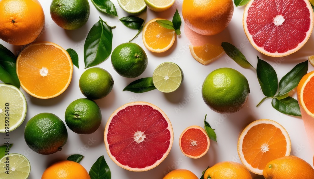 A variety of citrus fruits are displayed on a white background