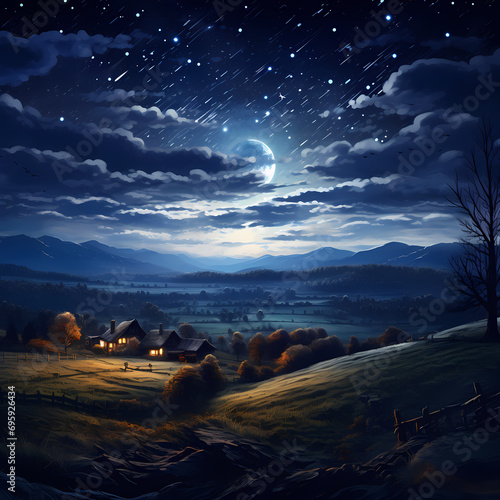 Starry night sky over a tranquil countryside landscape