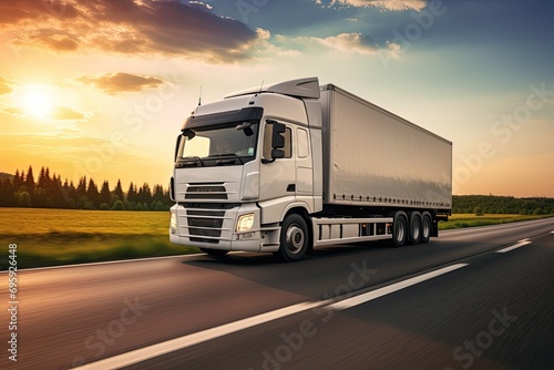 Long-distance heavy truck in motion, at speed on highway on the background of landscape of beautiful, summer nature and nature in the evening on a sunny early evening. © BetterPhoto