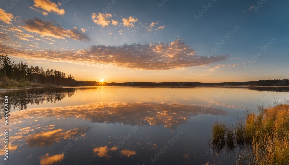 A sunset over a lake with a cloudy sky