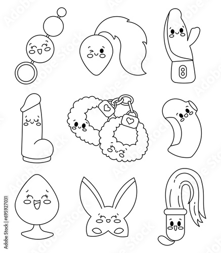 Cute cartoon toys for adults. Coloring Page. Sex shop characters. Only good mood. Hand style. Vector drawing. Collection of design elements.