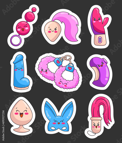 Cute cartoon toys for adults. Sticker Bookmark. Sex shop characters. Only good mood. Hand style. Vector drawing. Collection of design elements.
