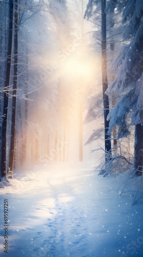 a snowy forest adorned with sparkling snow, bathed in the gentle glow of sun rays.