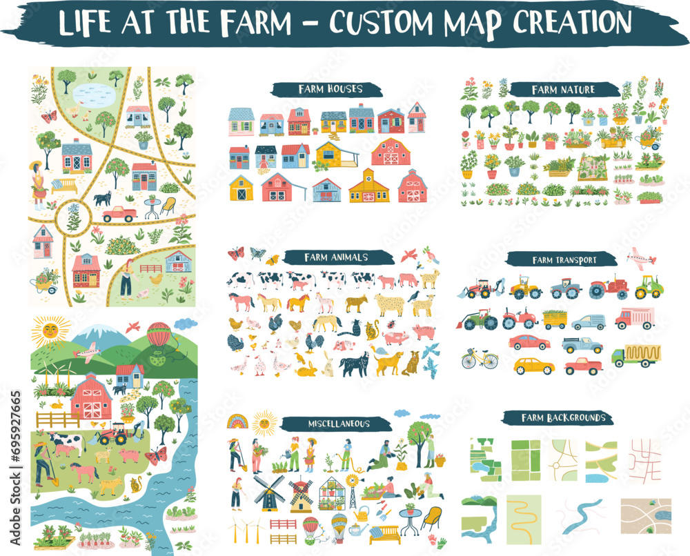 Farm Life Custom Map Creation Set - houses, maps, animals, barns, vehicles, tractors, florals.