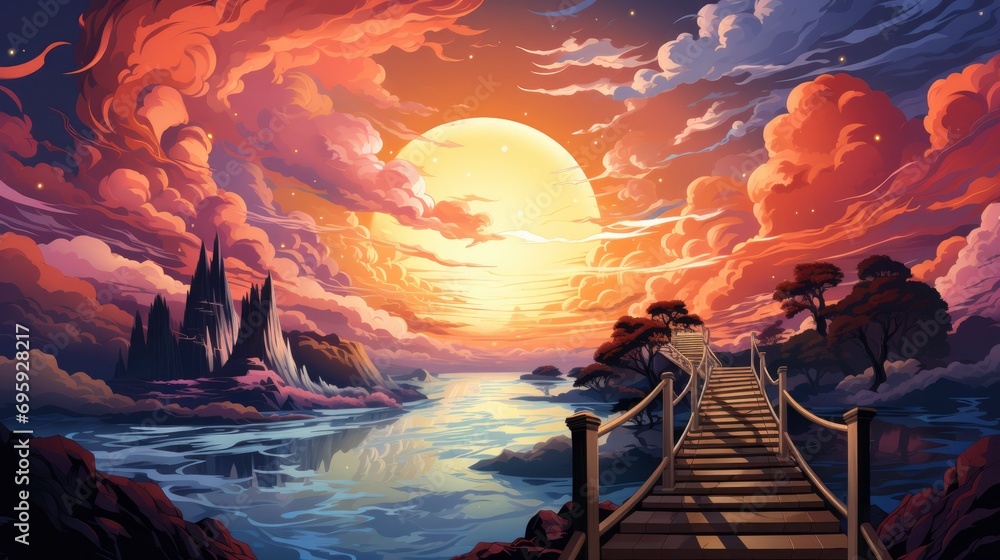 Fototapeta premium Stairway Heaven Sky Concept Sun Clouds, Background Banner HD, Illustrations , Cartoon style