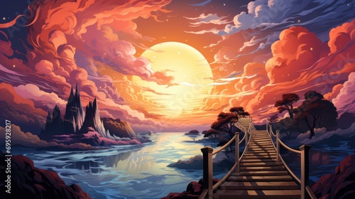 Stairway Heaven Sky Concept Sun Clouds, Background Banner HD, Illustrations , Cartoon style