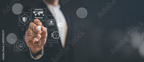 start working laptop or program by a person pressing the turn off or turn on button in holographic access data and manage by business style connect to internet access data online to private account photo